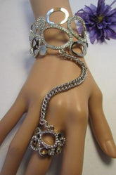 Gold Silver Wide Metal Hand Chain Cuff Bracelet Rain Drops Oval Multi Rhinestones